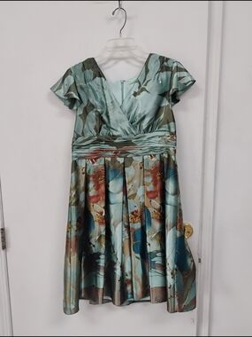 Coldwater Creek Petite 14 Aqua Floral Flutter Sleeve Midi Dress
